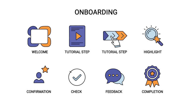 Onboarding Process Icons: Welcome, Tutorial, Highlight, Confirmation, Check, Feedback, Completion