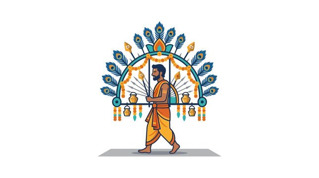 Hindu Man Carrying Kavadi Decorated with Peacock Feathers and Bells