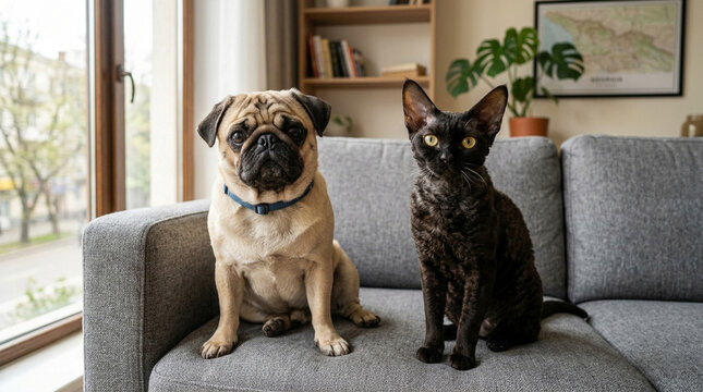 pug and Devon Rex cat sitting together on a grey sofa