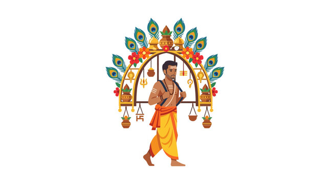 Indian man carrying decorated Kavadi for religious festival, vibrant colors