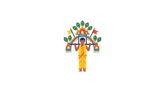 Indian Man Carrying Decorated Palanquin with Peacock Feathers and Flags