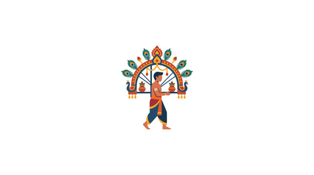 Indian Man Carrying Decorated Palanquin with Peacock Motifs