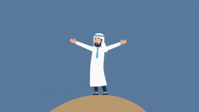 Minimalist vector character in Arab clothing stretching out arms to the sky on a hill.