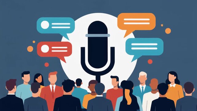 Flat vector illustration of a microphone capturing diverse opinions from a crowd of people