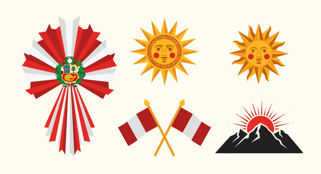 Peruvian Symbols Collection Featuring Sun Flags and Mountains.