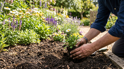 Fototapeta premium Gardener planting flower seedlings in garden bed during daytime