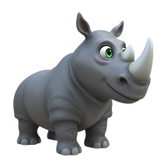 Fototapeta premium Friendly Gray Cartoon Rhino with Green Eyes on Transparent Background