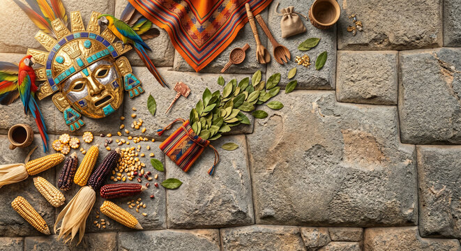 Inti Raymi flat lay on Inca stone, copy space