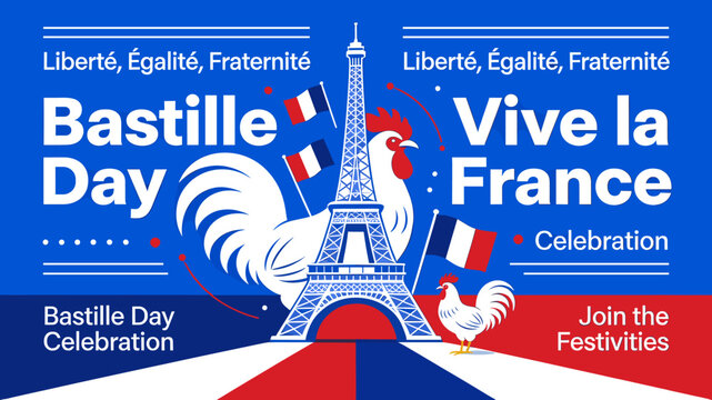Bastille Day Celebration: Vive la France with Eiffel Tower, Roosters, and French Flags.