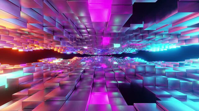 Vertically waving tunnel of shining colourful glowing reflective metallic cubes