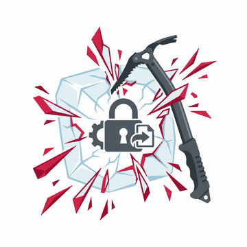Ice axe shattering ice block with padlock icon inside representing data decryption and security breach.