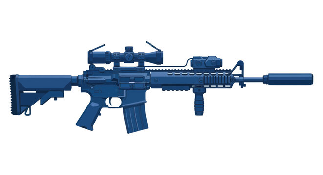 Modern Assault Rifle with Scope and Silencer - Blue Outline