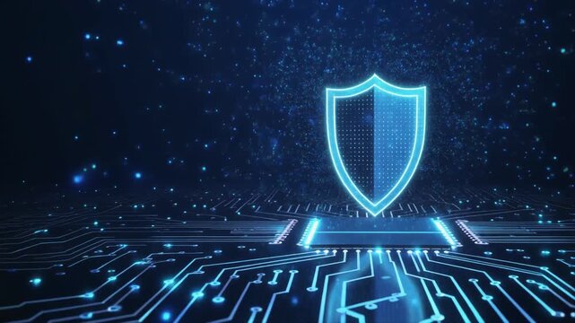Glowing Digital Shield Above Futuristic Circuit Board
