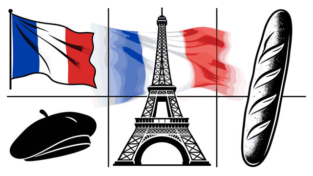 Collage of French cultural symbols featuring the Eiffel Tower, a waving flag, a baguette, and a beret.