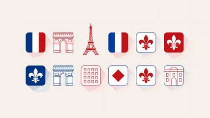 Collection of French-themed icons including flags, landmarks, and symbols, presented in a grid layout with a subtle shadow effect. © Roma
