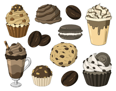 Hand drawn cartoon style illustration set of chocolate sweets, coffee beans, caramel and oreo cupcakes , biscuit with chocolate chips , macaroon and sweets, frappuccino and vanilla latte in glass 

