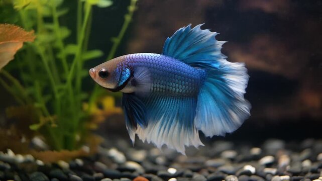 Close-up of a colorful blue Siamese fighting fish swimming in a well-lit home aquarium
