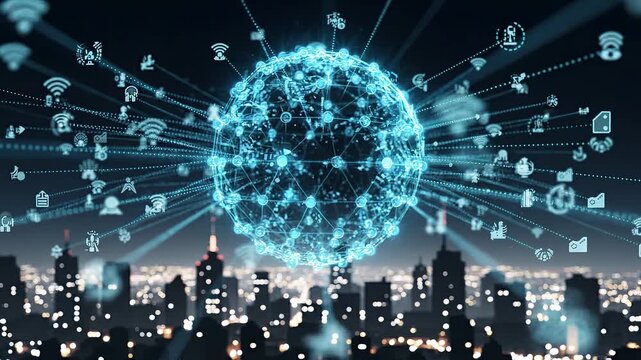 Digital globe with interconnected nodes and icons radiating from the center over a city skyline at night, showcasing technology and connectivity in an urban environment