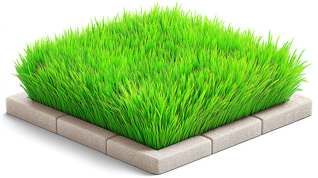 Patch of lush natural green grass on a stone brick border with landscaping, botanical