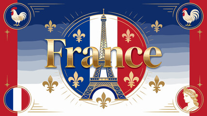 A vibrant illustration celebrating France, featuring the Eiffel Tower, the French flag, roosters, and fleur-de-lis motifs. © Roma
