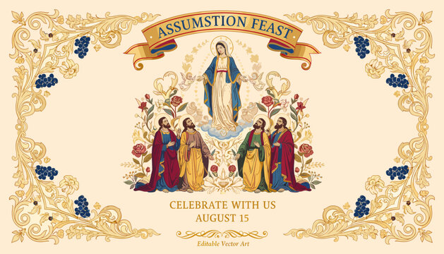 Assumption Feast Celebration with Mary and Apostles on August 15th, adorned with ornate floral borders.