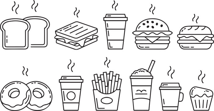 Black and white line drawing of various fast food items on white background