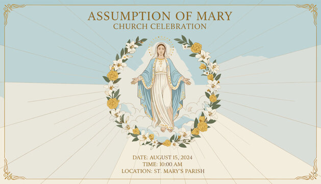 Assumption of Mary Church Celebration with a depiction of Mary surrounded by a floral wreath, set against a sky background.
