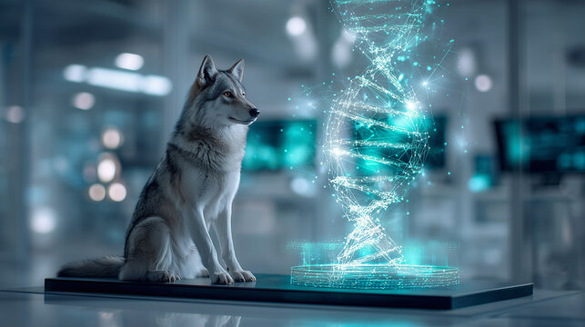 Futuristic 3D illustration of a wolf with a glowing geometric wireframe DNA strand in lab