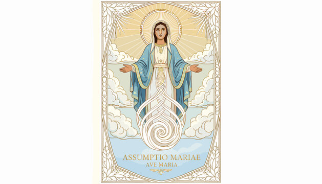 Art Nouveau depiction of the Assumption of Mary, surrounded by clouds and light, with ornate borders.
