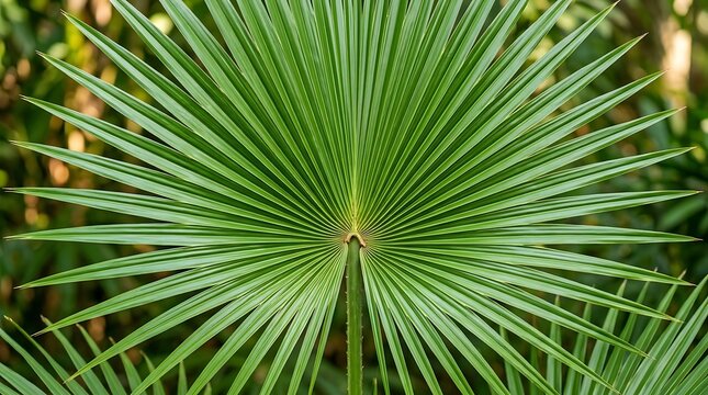 Green palm leaf fan close up with long thin fronds spreading out