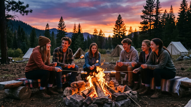 A group of friends roasting marshmallows around a campfire at a summer camp during a vibrant sunset.