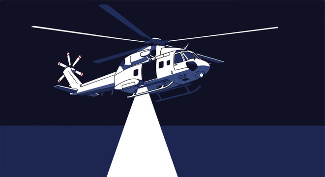 White helicopter with spotlight on dark blue background