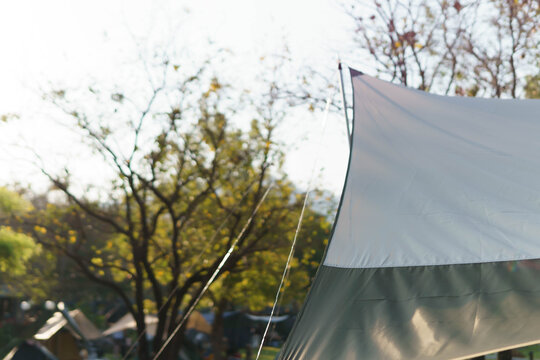 A travel-style camping photograph in autumn. A beautifully pitched tent in a national park area, the atmosphere is peaceful and bathed in warm light. The flysheet provides shade.