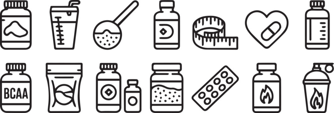 line icons of fitness and nutrition supplements and healthy lifestyle
