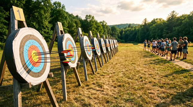 A row of archery targets with arrows hitting the bullseye on a grassy outdoor shooting range during a sunny summer camp activity.