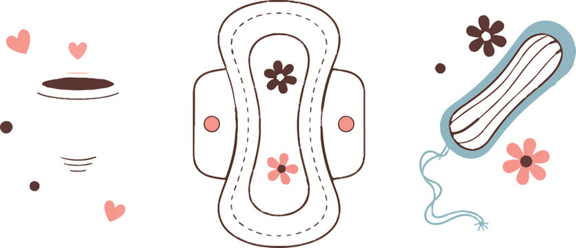 Sanitary pads and tampons with flowers and hearts on white background