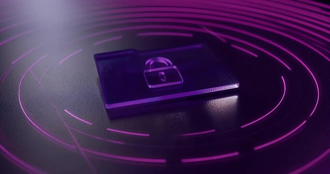 A glowing purple folder icon with a padlock symbol on a dark, reflective surface with radiating circular lines, representing digital security and data protection.