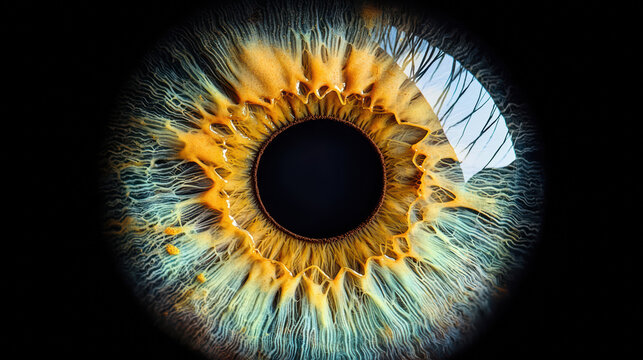 A captivating close-up reveals intricate details of a human eye with a striking mix of gold, blue, and green tones, highlighting its unique iris pattern and texture.