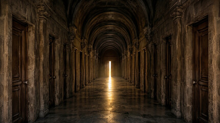 Fototapeta premium Dark Corridor with Rows of Closed Doors and Light at the End in Ancient Stone Building