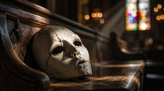 Cracked White Mask on Wooden Pew in Cathedral with Stained Glass Windows