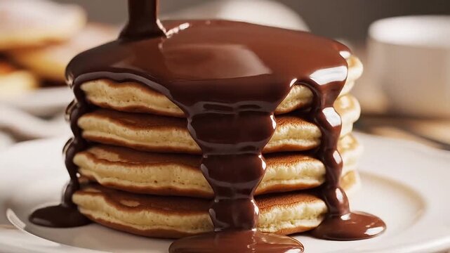 Pancakes stack high on a white plate while thick dark chocolate sauce drips slowly over the top layer.