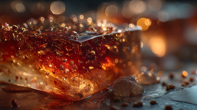 Close-up of a melting ice cube with water droplets and warm bokeh background