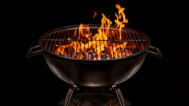Charcoal grill burning with flames on black background at night