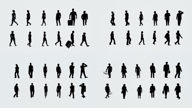 Pedestrian silhouette reference atlas for green screen compositing with chromakey background and 3d animated cartoon animation style. Human walking motions for editing scenes transitions.