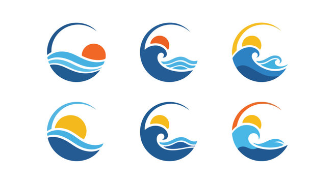 Set of six modern wave and sunset logos with vibrant colors and dynamic ocean wave designs