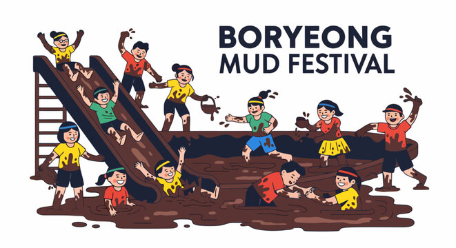 Children playing in mud at the Boryeong Mud Festival, enjoying slides and splashing.
