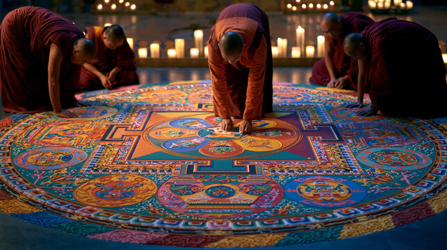 Monks Creating Colorful Mandala Sand Painting Rituals - A Celebration of Tibetan Culture and Spirituality