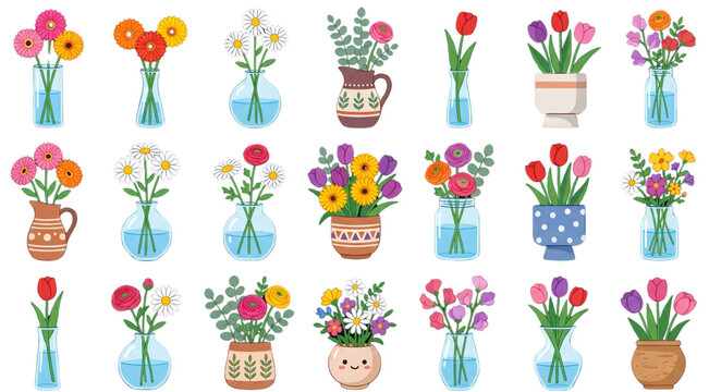 Colorful Flower Vase Collection with Transparent Glass Vases Water Daisy Gerbera Tulip and Ceramic Pots