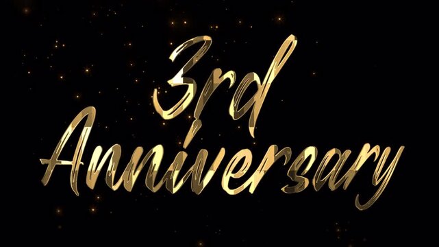 3rd anniversary text animation celebration gold on black background. Celebration party with particle 4k video