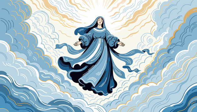 A stylized illustration of a serene woman in a flowing blue gown ascending through heavenly clouds with golden light rays.